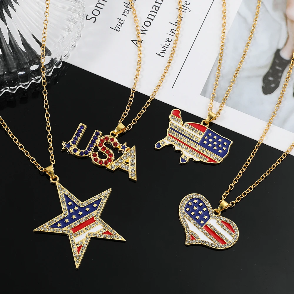 Patriotic Rhinestone Neckalce American USA Flag Pentagram Heart-shaped Pendant Independence Day Jewelry for Memorial Day
Patriotic Rhinestone Neckalce American USA Flag Pentagram Heart-shaped Pendant Independence Day Jewelry for Memorial Day