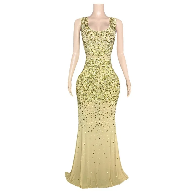 Yellow Mesh Sleeveless Long Dress - Embellished With Rhinestones U-Shaped Collar, Side Split Intellectual Elegant Style Vestito
Yellow Mesh Sleeveless Long Dress - Embellished With Rhinestones U-Shaped Collar, Side Split Intellectual Elegant Style Vestito