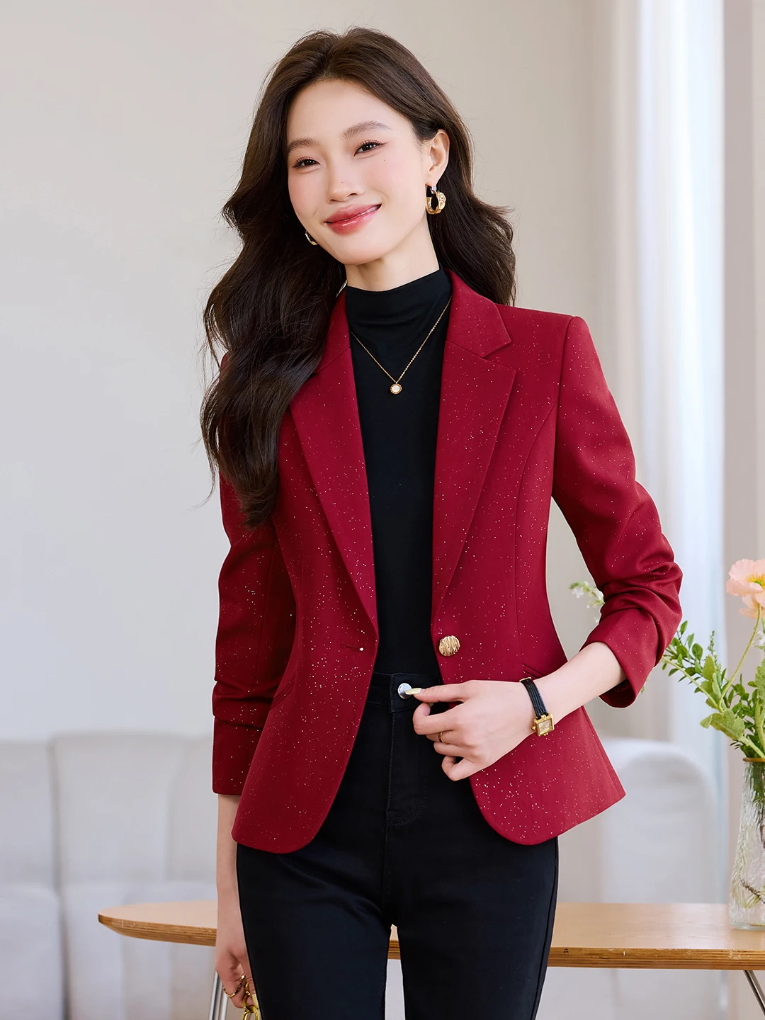 Red Shiny Women's Suit Jacket Casual Fashionable Spring Autumn High-End Feel Little Size Western Style Commute Polyester Fiber
Red Shiny Women's Suit Jacket Casual Fashionable Spring Autumn High-End Feel Little Size Western Style Commute Polyester Fiber