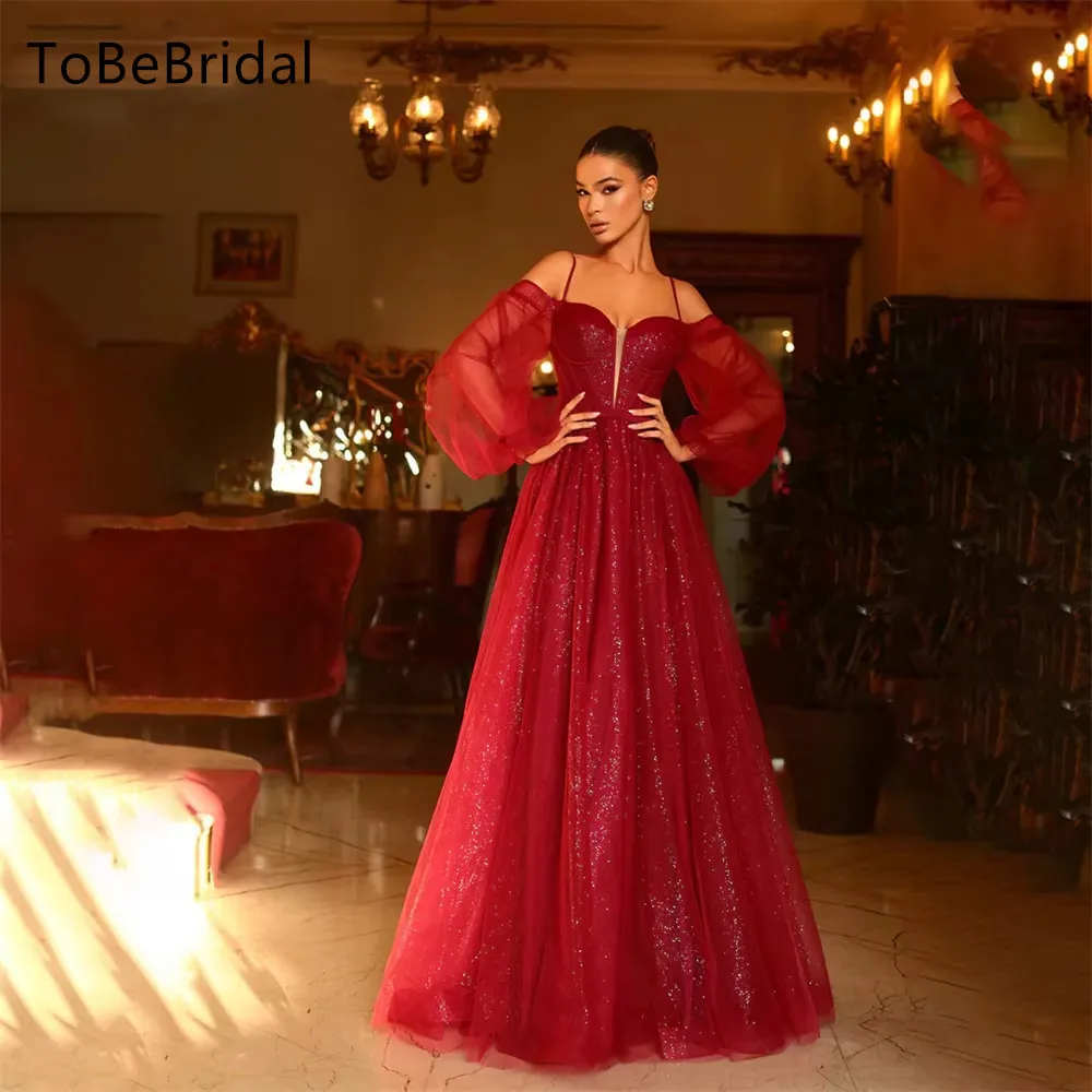 Customized Luxury Evening Dresses GlitterTulle Red Off the Shoulder Full Sleeves Prom Gowns Spaghetti Strap vestidos de fiesta
Customized Luxury Evening Dresses GlitterTulle Red Off the Shoulder Full Sleeves Prom Gowns Spaghetti Strap vestidos de fiesta