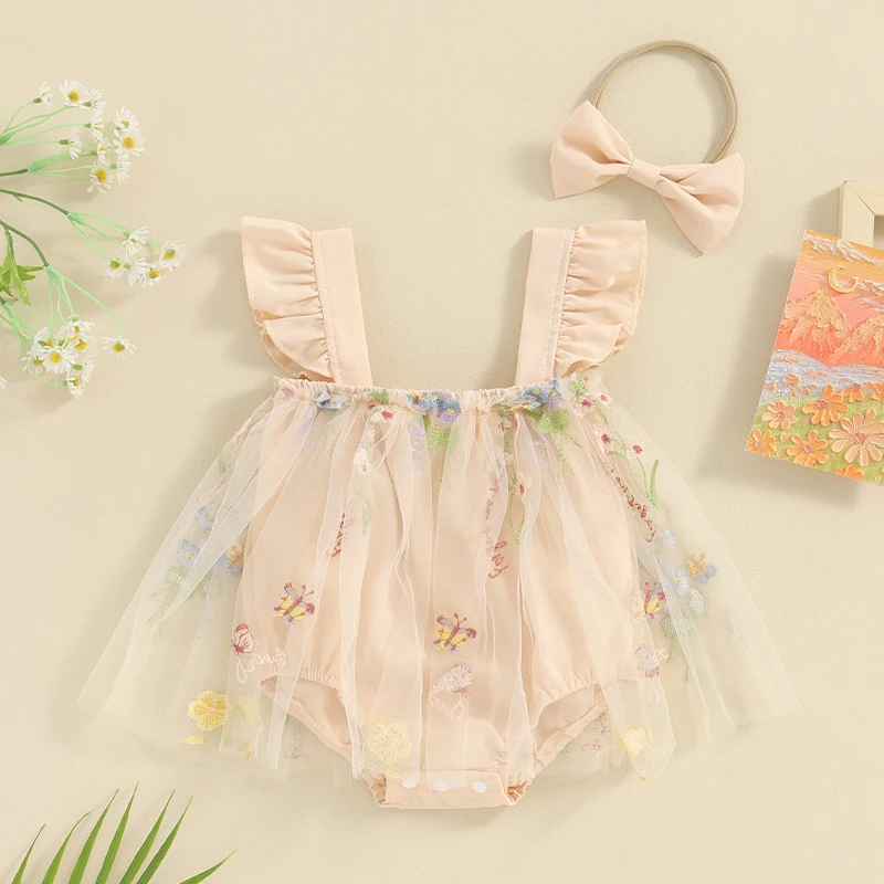 Baby Girls Rompers Flower Butterfly Embroidery Mesh Tulle Fly Sleeve Toddler Bodysuits Summer Clothes Jumpsuits with Headband
Baby Girls Rompers Flower Butterfly Embroidery Mesh Tulle Fly Sleeve Toddler Bodysuits Summer Clothes Jumpsuits with Headband
