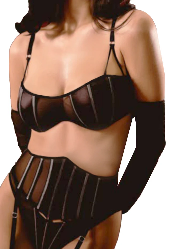French Black Transparent Mesh Patchwork Lingerie Set 5 Pieces Sexy Body Shaping Nightwear With Gloves Thigh High Hosiery
French Black Transparent Mesh Patchwork Lingerie Set 5 Pieces Sexy Body Shaping Nightwear With Gloves Thigh High Hosiery