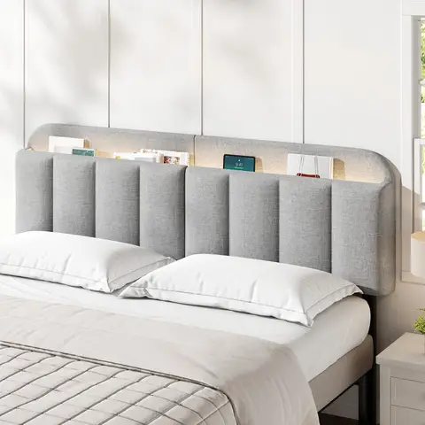 Adjustable Headboard for Full King Size Bed Frame,Linen Fabric Bed Headboard Storage & RGB LED Light in Vertical Channel Design