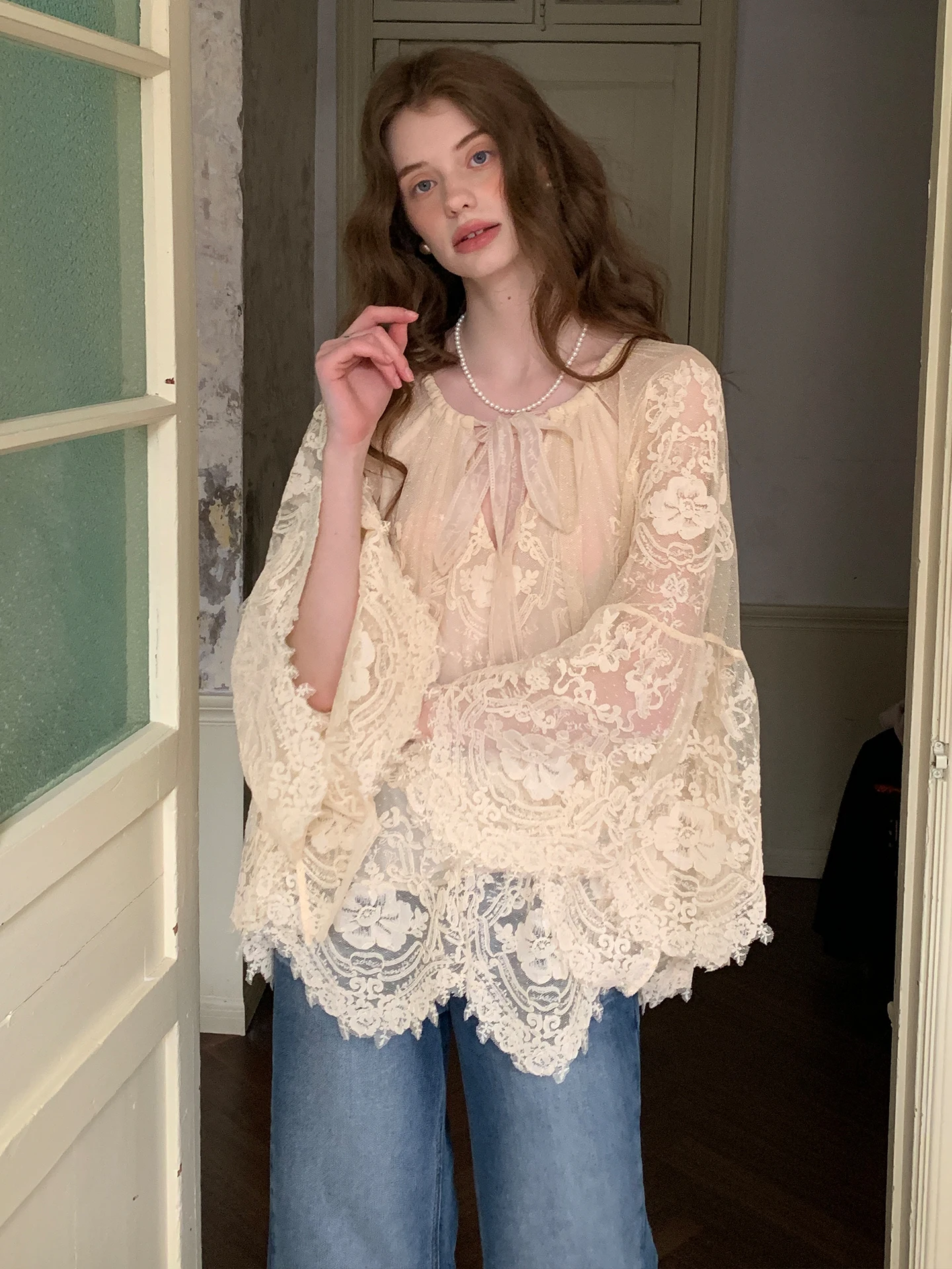 New ZHUYIYI Lace Shirt Loose Women's Spring Fashion Knot Thin Mesh Slimming Versatile High-End Feeling Top
New ZHUYIYI Lace Shirt Loose Women's Spring Fashion Knot Thin Mesh Slimming Versatile High-End Feeling Top