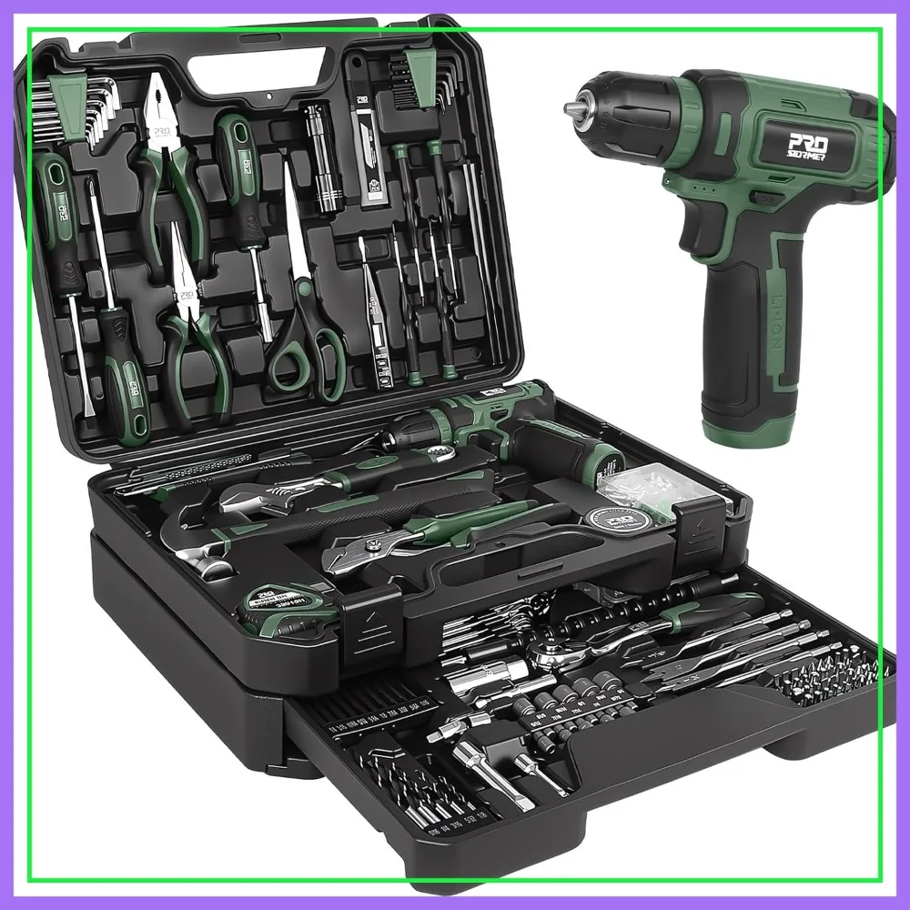 369-Piece Home Tool Set with 8V Cordless Drill, Toolbox Storage Case with Drawer, General Household Repair Kit for DIY, Green
369-Piece Home Tool Set with 8V Cordless Drill, Toolbox Storage Case with Drawer, General Household Repair Kit for DIY, Green