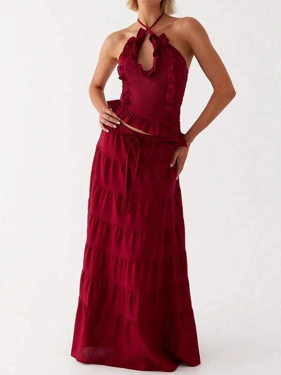 Womens 2 Piece Halter Neck Ruffle Top And Flowy Tiered Skirt Set
Womens 2 Piece Halter Neck Ruffle Top And Flowy Tiered Skirt Set