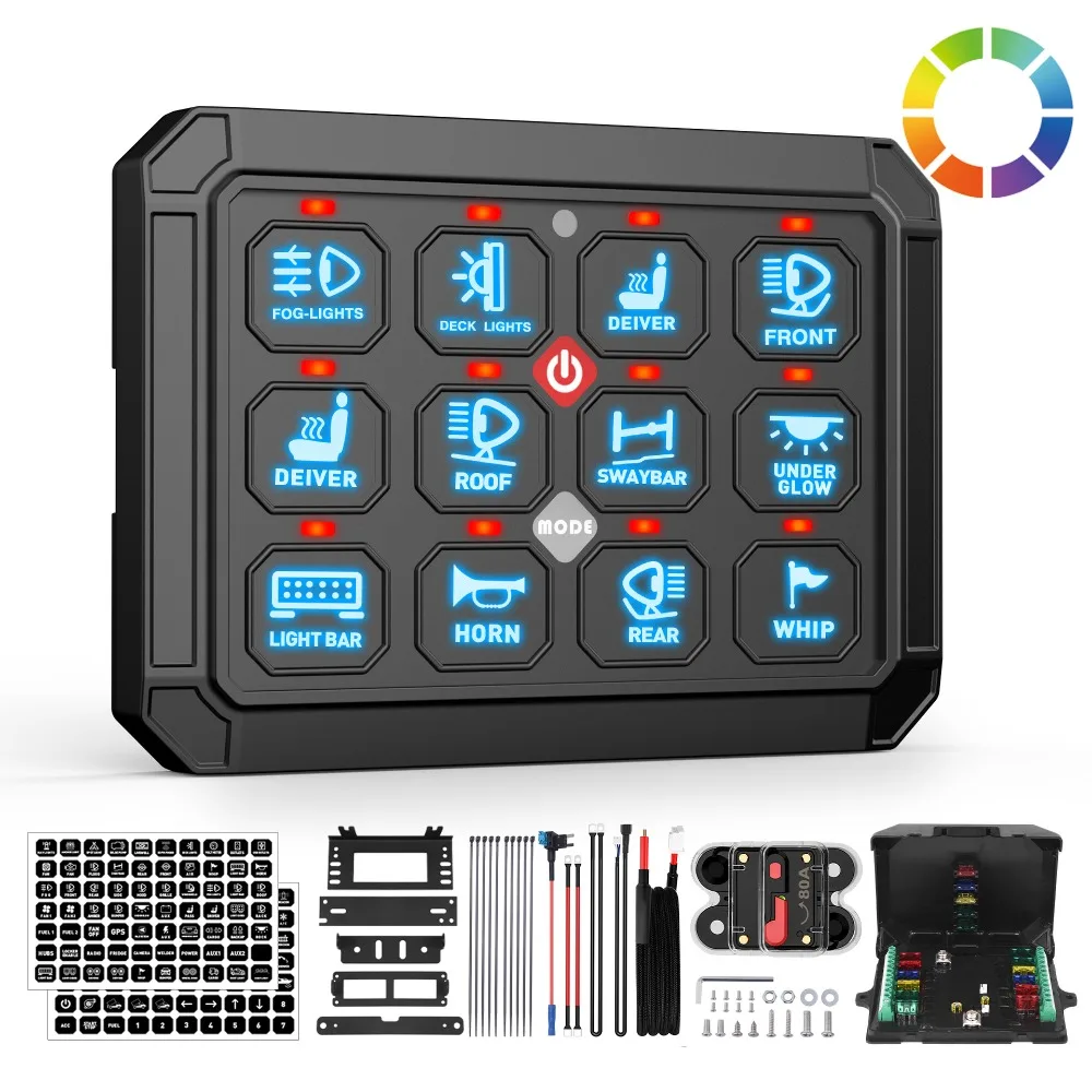 12 Gang Switch Panel RGB Toggle Touch On-Off Control Relay Box Color-Coded LED Indicator for Cars Boats Truck UTV 4X4 4WD
12 Gang Switch Panel RGB Toggle Touch On-Off Control Relay Box Color-Coded LED Indicator for Cars Boats Truck UTV 4X4 4WD