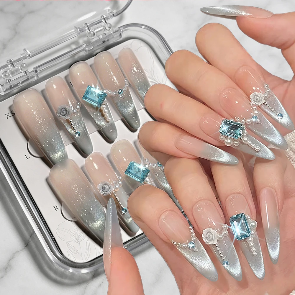 10Pcs Mint Cat's Eye French Fake Nail Tips Long Almond 3D Square Blue Diamond White Pearl Design Press on Nail Acrylic FalseNail
10Pcs Mint Cat's Eye French Fake Nail Tips Long Almond 3D Square Blue Diamond White Pearl Design Press on Nail Acrylic FalseNail