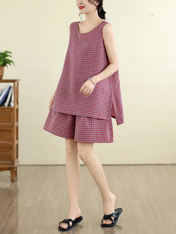 Loose Fit Plaid Print Vest And Shorts Set Women's Summer Fashion Brand Tagless Clothing Cotton Lightweight round Neck T-Shirt
Loose Fit Plaid Print Vest And Shorts Set Women's Summer Fashion Brand Tagless Clothing Cotton Lightweight round Neck T-Shirt