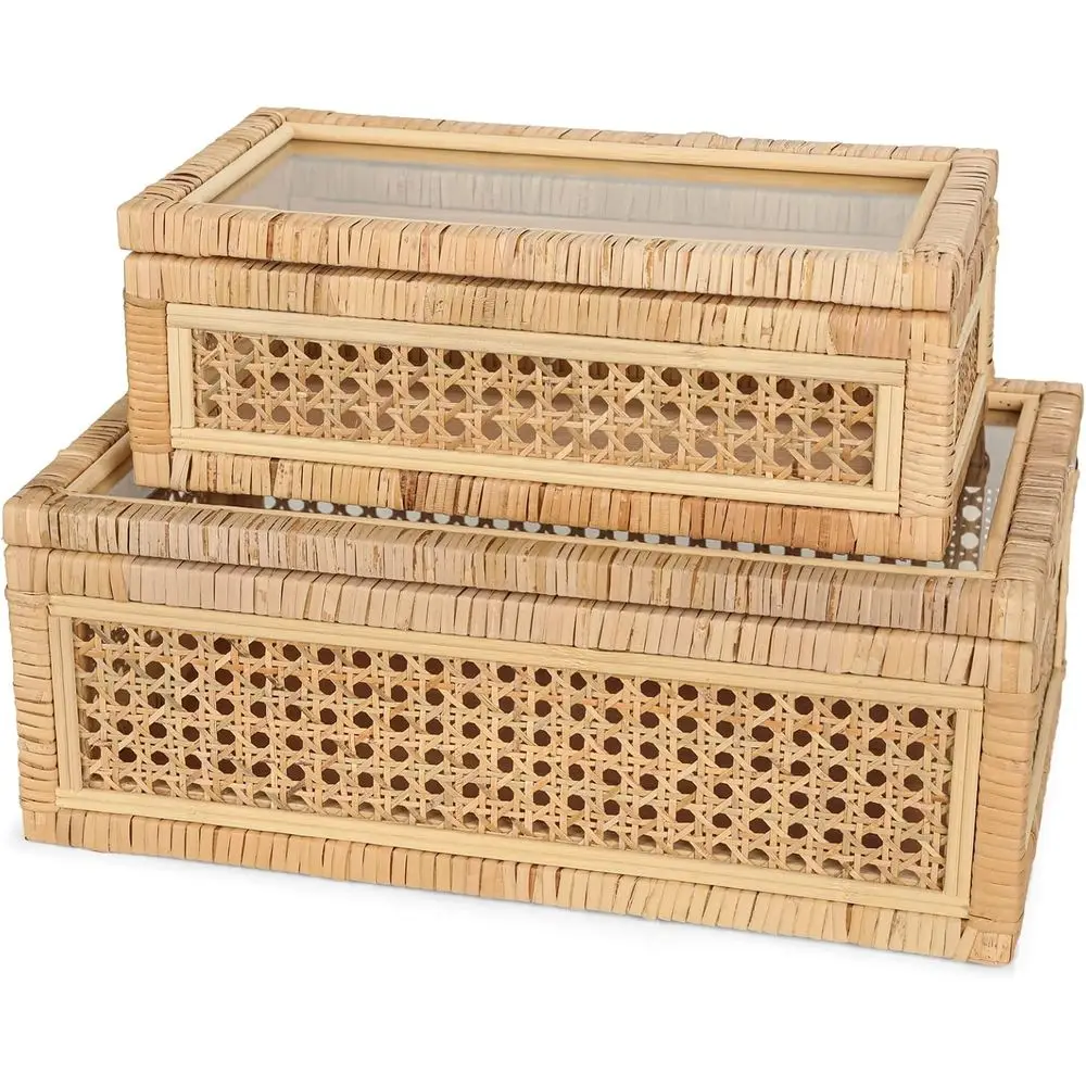 Handwoven Rattan Storage Boxes with Glass Lids - Set of 2 Decorative Natural Cane Organizers
Handwoven Rattan Storage Boxes with Glass Lids - Set of 2 Decorative Natural Cane Organizers