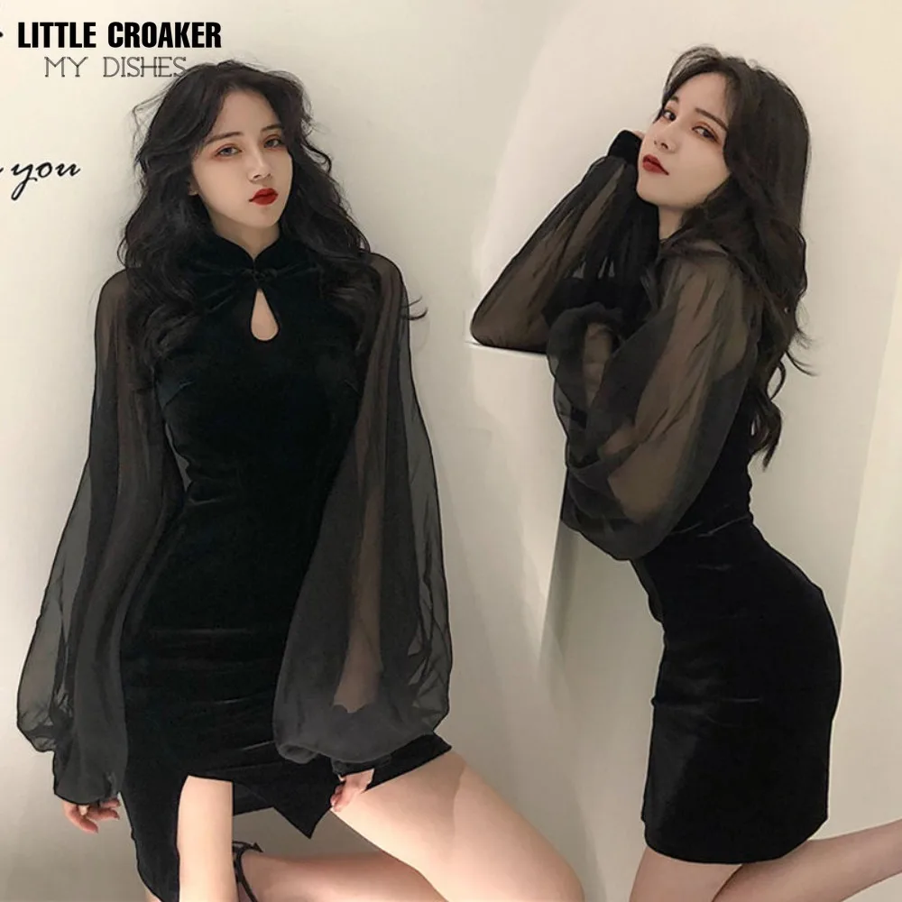 Slim Qipao Spring Summer High Waist Split Chiffon Long Sleeve Spliced Velvet Dress New Mandarin Collar Cheongsam Mini Dress
Slim Qipao Spring Summer High Waist Split Chiffon Long Sleeve Spliced Velvet Dress New Mandarin Collar Cheongsam Mini Dress