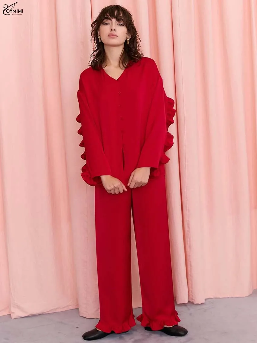 Oymimi Fashion Red V-Neck 2 Piece Sets Woman Outfit Elegant Long Sleeve Ruffled Single Breasted Blouses And Straight Pants Sets
Oymimi Fashion Red V-Neck 2 Piece Sets Woman Outfit Elegant Long Sleeve Ruffled Single Breasted Blouses And Straight Pants Sets