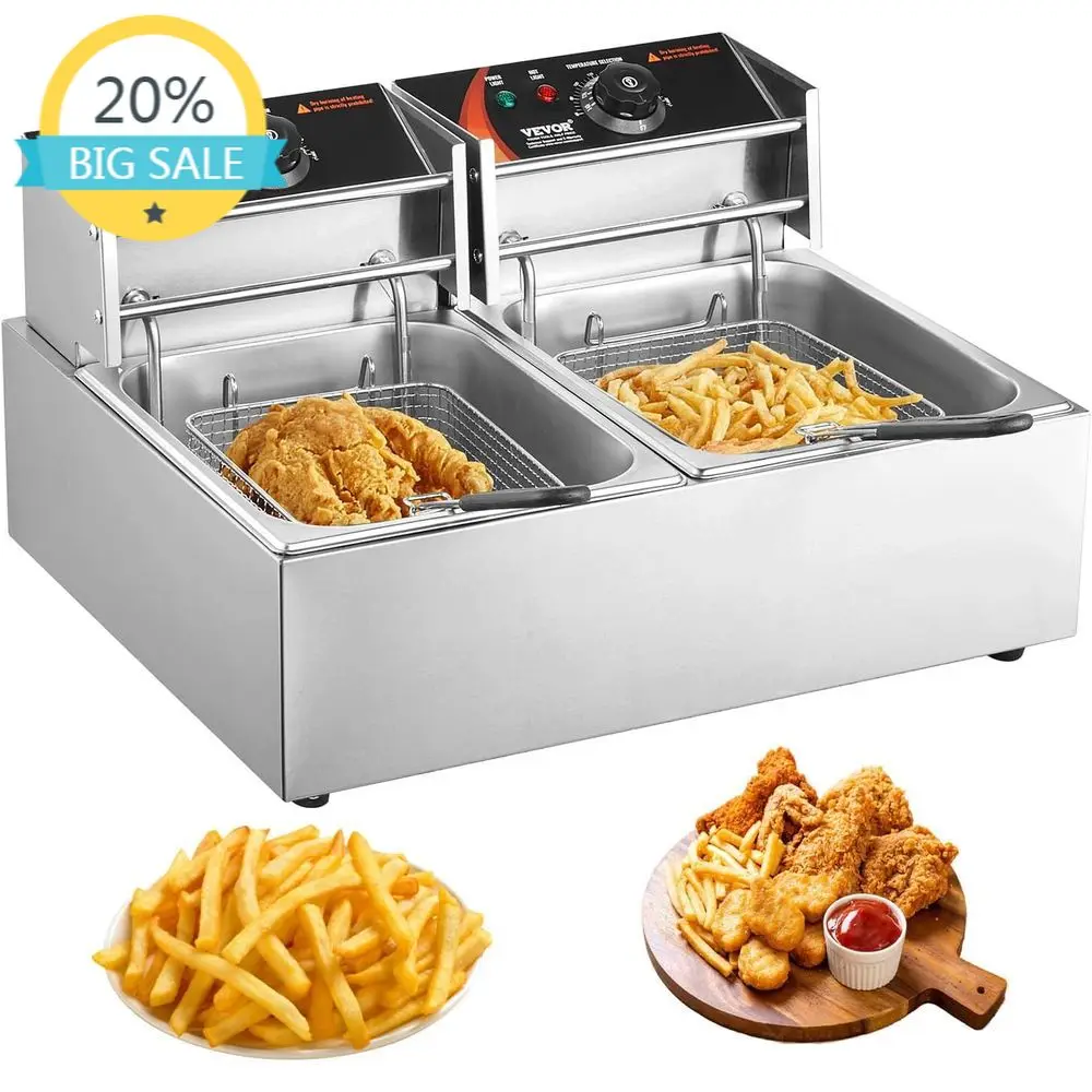 Dual Tank 3000W Electric Countertop Fryer, 2 x 9.1Qt Stainless Steel Oil Tanks, Basket Included, Temp Control & Overheat Protect
Dual Tank 3000W Electric Countertop Fryer, 2 x 9.1Qt Stainless Steel Oil Tanks, Basket Included, Temp Control & Overheat Protect