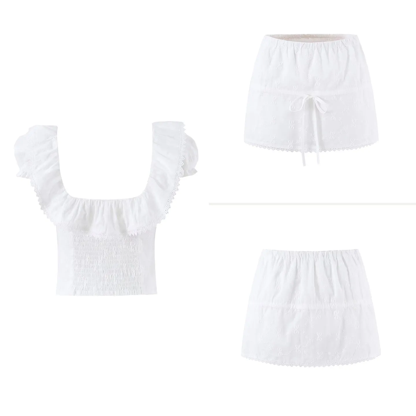 Women's Lace Trim Vest High Waist Short Skirt Set Drawstring Elastic Slimming Top Knot Summer Fashion Outfit
Women's Lace Trim Vest High Waist Short Skirt Set Drawstring Elastic Slimming Top Knot Summer Fashion Outfit