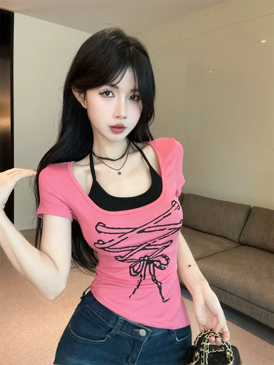 Korejpaa Spicy Girl Women T Shirt Halter Strap Irregular Splicing Fake Two Piece Printed Slim Short Sleeve T-shirt Summer Top
Korejpaa Spicy Girl Women T Shirt Halter Strap Irregular Splicing Fake Two Piece Printed Slim Short Sleeve T-shirt Summer Top