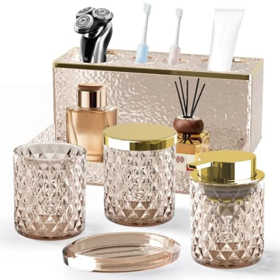 Glass Bathroom Accessories Set 5Pcs Crystal - Foaming Soap Dispenser Soap Dish Cup Acrylic Toothbrush Holder with Tray Organize
Glass Bathroom Accessories Set 5Pcs Crystal - Foaming Soap Dispenser Soap Dish Cup Acrylic Toothbrush Holder with Tray Organize