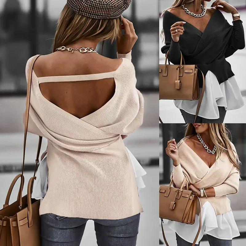 Sexy vintage Women Spring and Autumn Tops Streetwear Patchwork Design V-neck Long Sleeve Open Back Solid Slim Pullover T-shirt
Sexy vintage Women Spring and Autumn Tops Streetwear Patchwork Design V-neck Long Sleeve Open Back Solid Slim Pullover T-shirt