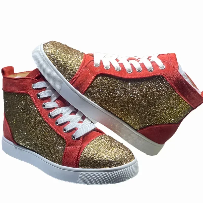 Fashion Brand High Top Red Bottom Shoes For Men Luxury Trainers Driving Spiked All Crystal Rivets Suede Genuine Leather
Fashion Brand High Top Red Bottom Shoes For Men Luxury Trainers Driving Spiked All Crystal Rivets Suede Genuine Leather