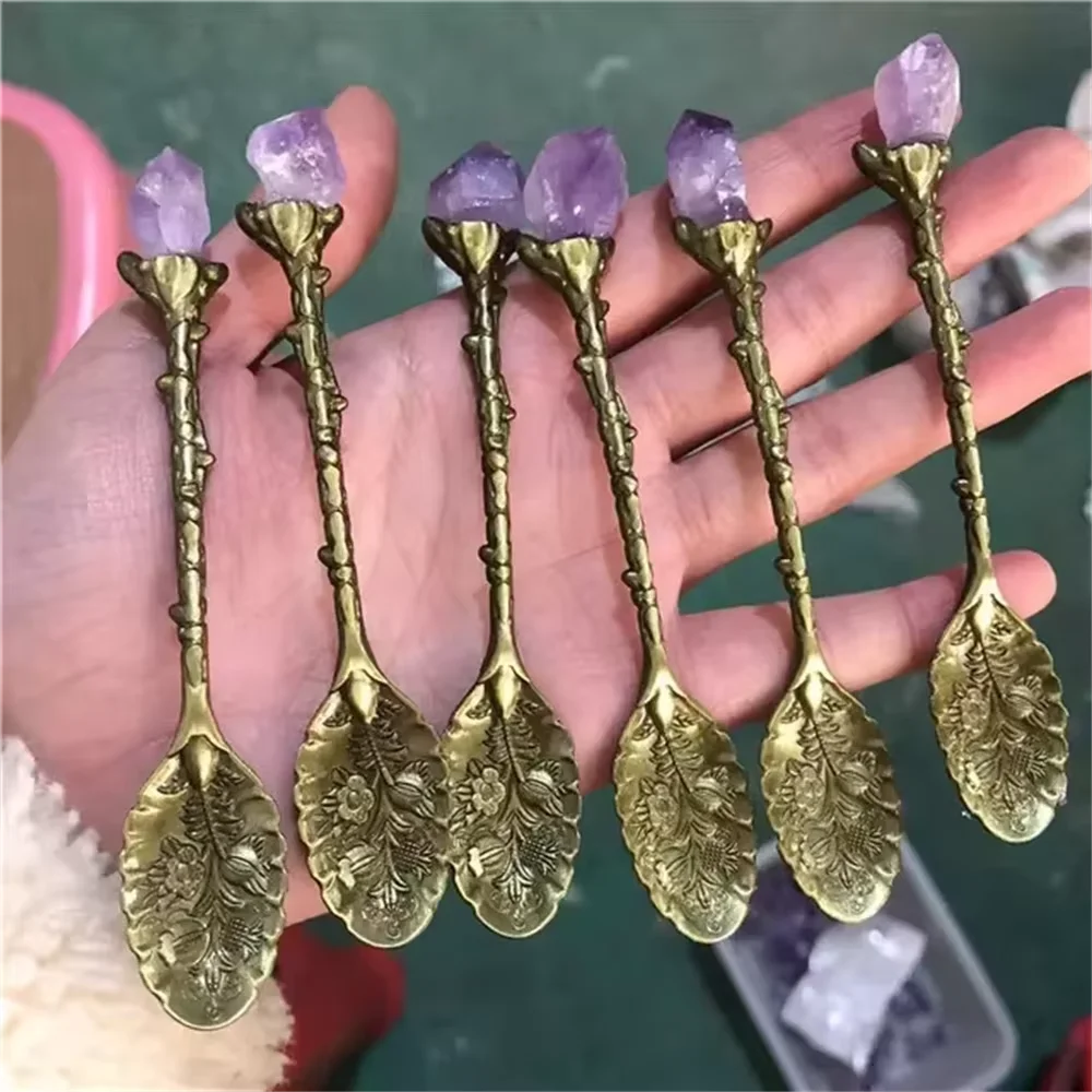 New arrivals crystal spiritual crafts natural purple amethyst raw point metal spoons for gift
New arrivals crystal spiritual crafts natural purple amethyst raw point metal spoons for gift