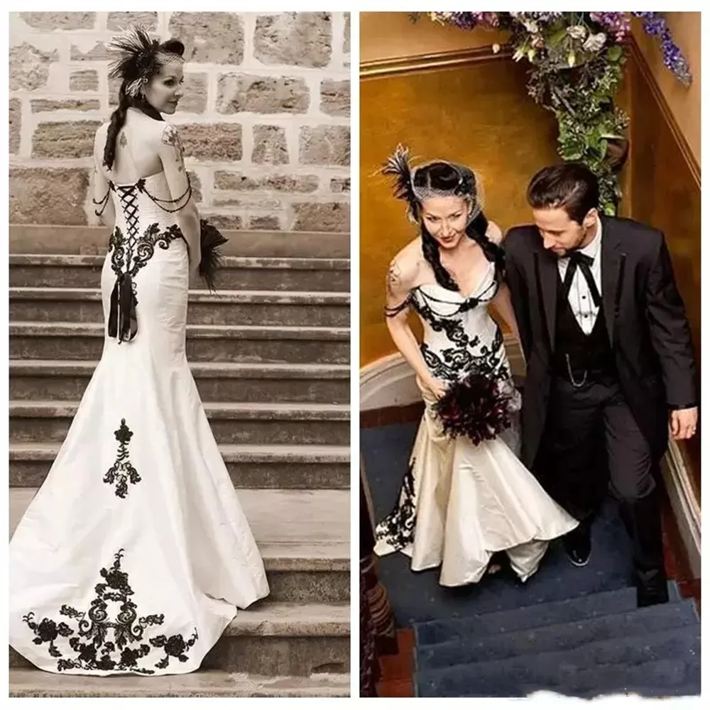 Black And White Mermaid Wedding Dresses Lace Appliques Long Satin Retro Gothic Bridal Gowns Customized
Black And White Mermaid Wedding Dresses Lace Appliques Long Satin Retro Gothic Bridal Gowns Customized