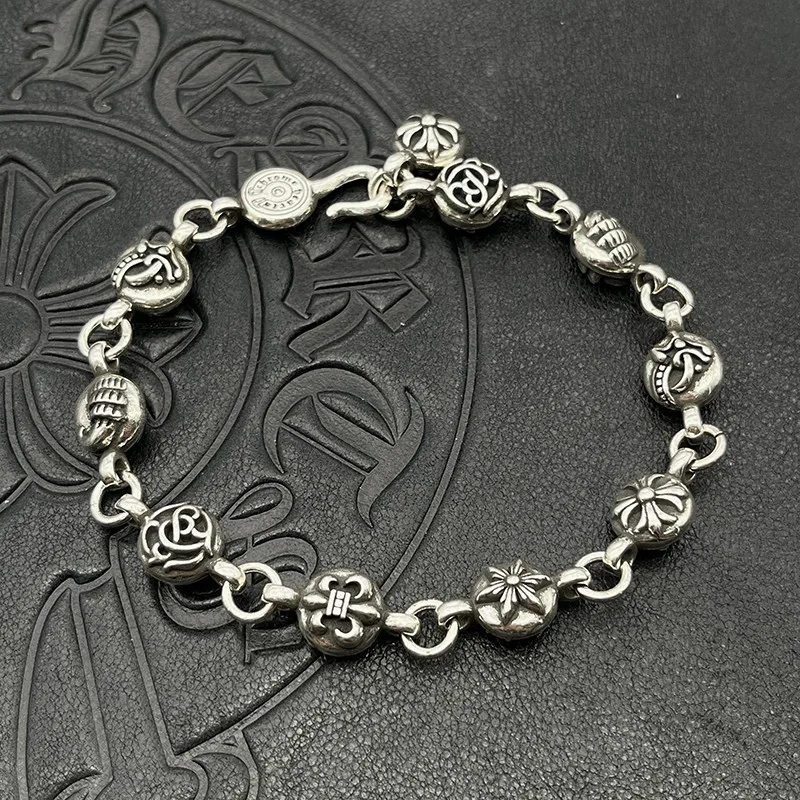 S925 Sterling Silver Punk Hip Hop Vintage Six Element Ball Large Bracelet Men and Women Cross Flower Adjustable
S925 Sterling Silver Punk Hip Hop Vintage Six Element Ball Large Bracelet Men and Women Cross Flower Adjustable