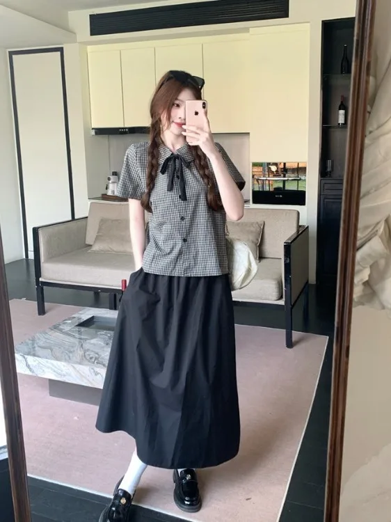 plus Size Women's Retro College Style Plaid Shirt Short Sleeve Knot High Waist Skirt Summer New Fashion Set
plus Size Women's Retro College Style Plaid Shirt Short Sleeve Knot High Waist Skirt Summer New Fashion Set