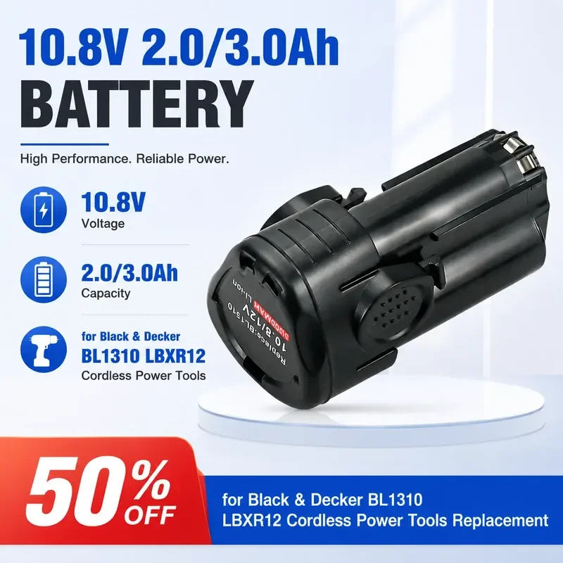 10.8V 2.0/3.0Ah 18650 Battery for Black & Decker BL1310 LBXR12 Cordless Power Tools Replacement
10.8V 2.0/3.0Ah 18650 Battery for Black & Decker BL1310 LBXR12 Cordless Power Tools Replacement