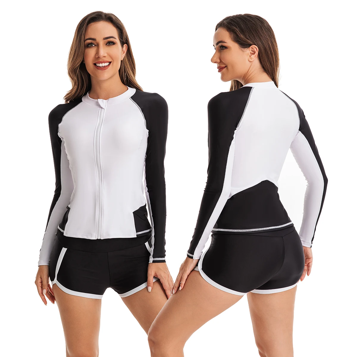 Womem Swimsuits Long Sleeve Two Piece Rash Guard UV Protection Full Zip Top With Shorts Bathing Suits Swim Surf Shirt/Boy Shorts
Womem Swimsuits Long Sleeve Two Piece Rash Guard UV Protection Full Zip Top With Shorts Bathing Suits Swim Surf Shirt/Boy Shorts