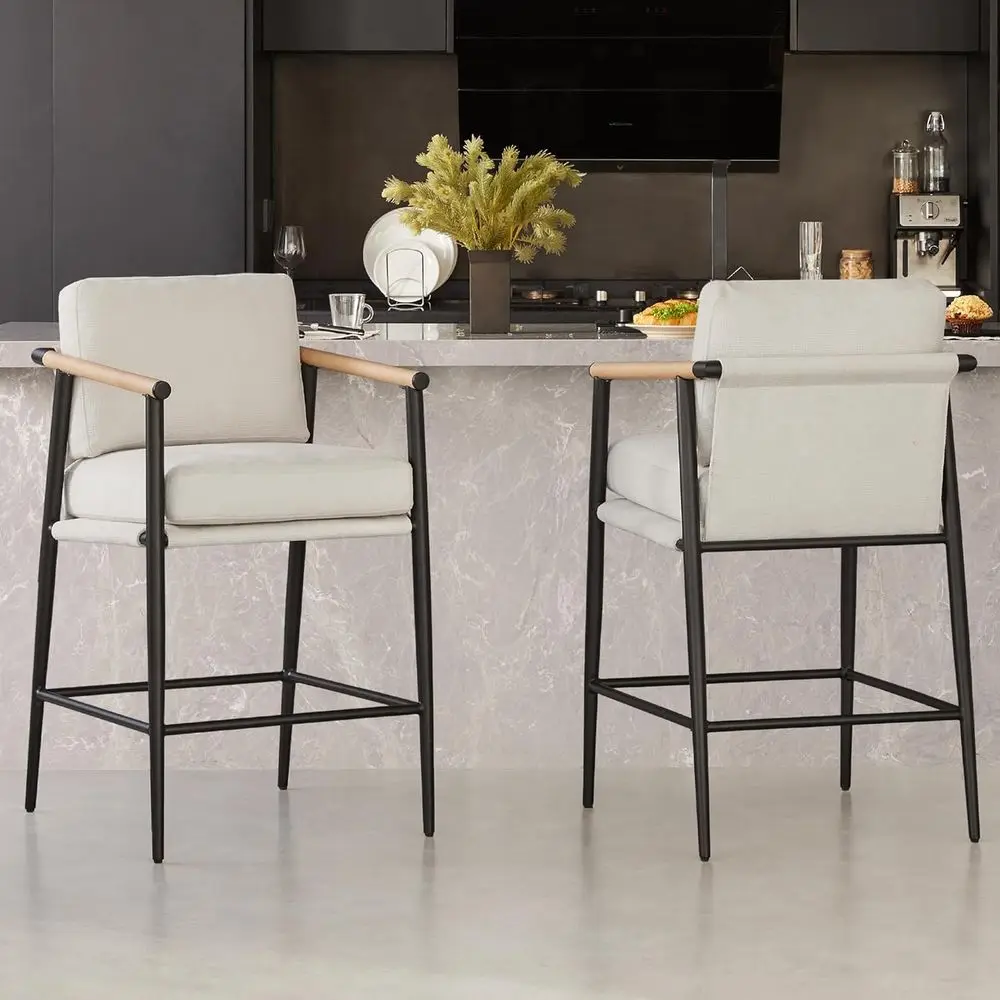 Upholstered 26 Counter Height Bar Stools Set of 2 with Wood Armrests and Metal Legs in Beige Fabric
Upholstered 26 Counter Height Bar Stools Set of 2 with Wood Armrests and Metal Legs in Beige Fabric