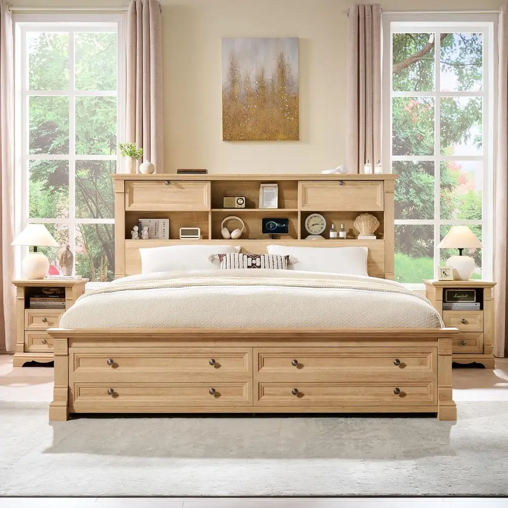 Queen Size Wood Platform Bed with Storage Bookcase, 2 Drawers, and Column Decoration Headboard, No Box Spring Needed (Oak)
Queen Size Wood Platform Bed with Storage Bookcase, 2 Drawers, and Column Decoration Headboard, No Box Spring Needed (Oak)
