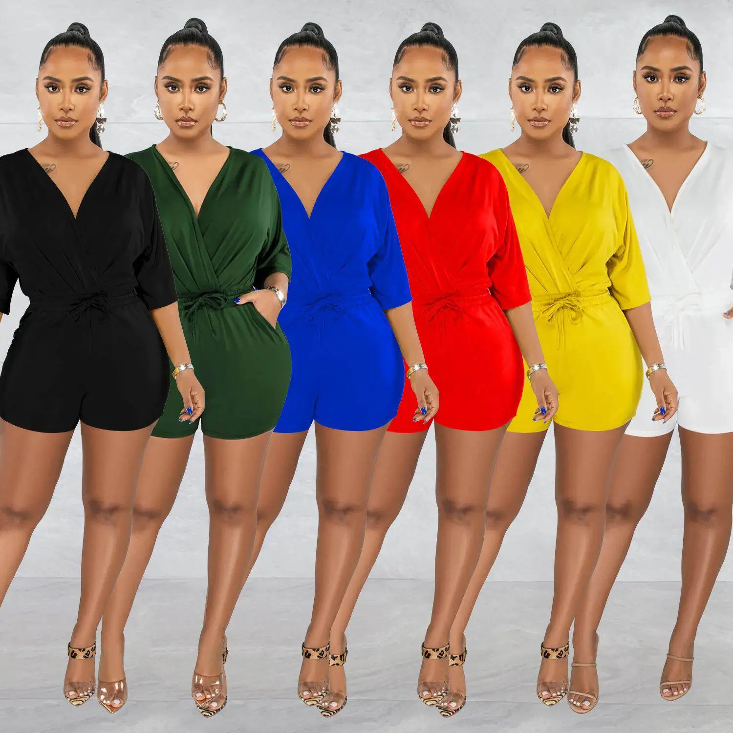 Fashionable V-neck Romper with Belt Mid-sleeve Shorts for Women Cross-border Shopping Autumn Season Seven-quarter Sleeve
Fashionable V-neck Romper with Belt Mid-sleeve Shorts for Women Cross-border Shopping Autumn Season Seven-quarter Sleeve