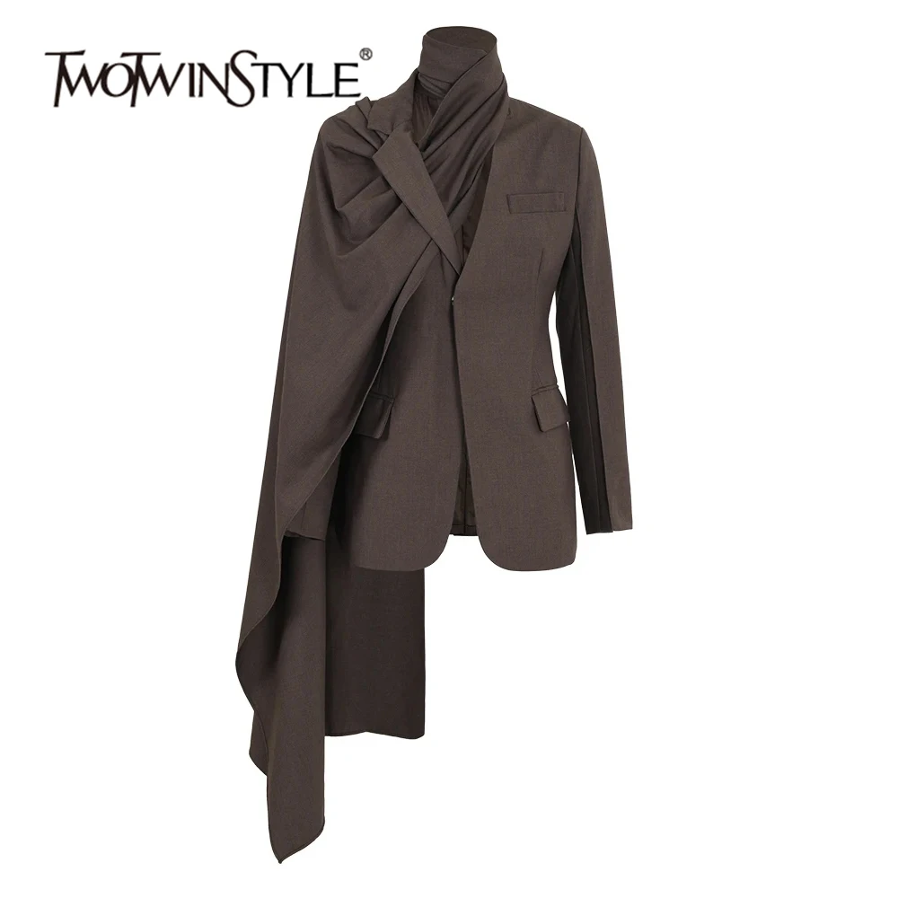 TWOTWINSTYLE Solid Chic Asymmetrical Blazer For Women Scarf Collar Long Sleeve Patchwork Single Breasted Blazers Female Fashion
TWOTWINSTYLE Solid Chic Asymmetrical Blazer For Women Scarf Collar Long Sleeve Patchwork Single Breasted Blazers Female Fashion