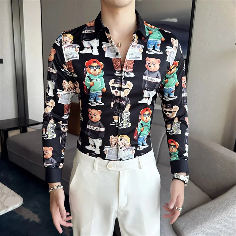 Men's cartoon bear patterned long sleeved shirt, streetwear, butterfly casual top, elegant clothing, comfortable polyester fiber
Men's cartoon bear patterned long sleeved shirt, streetwear, butterfly casual top, elegant clothing, comfortable polyester fiber