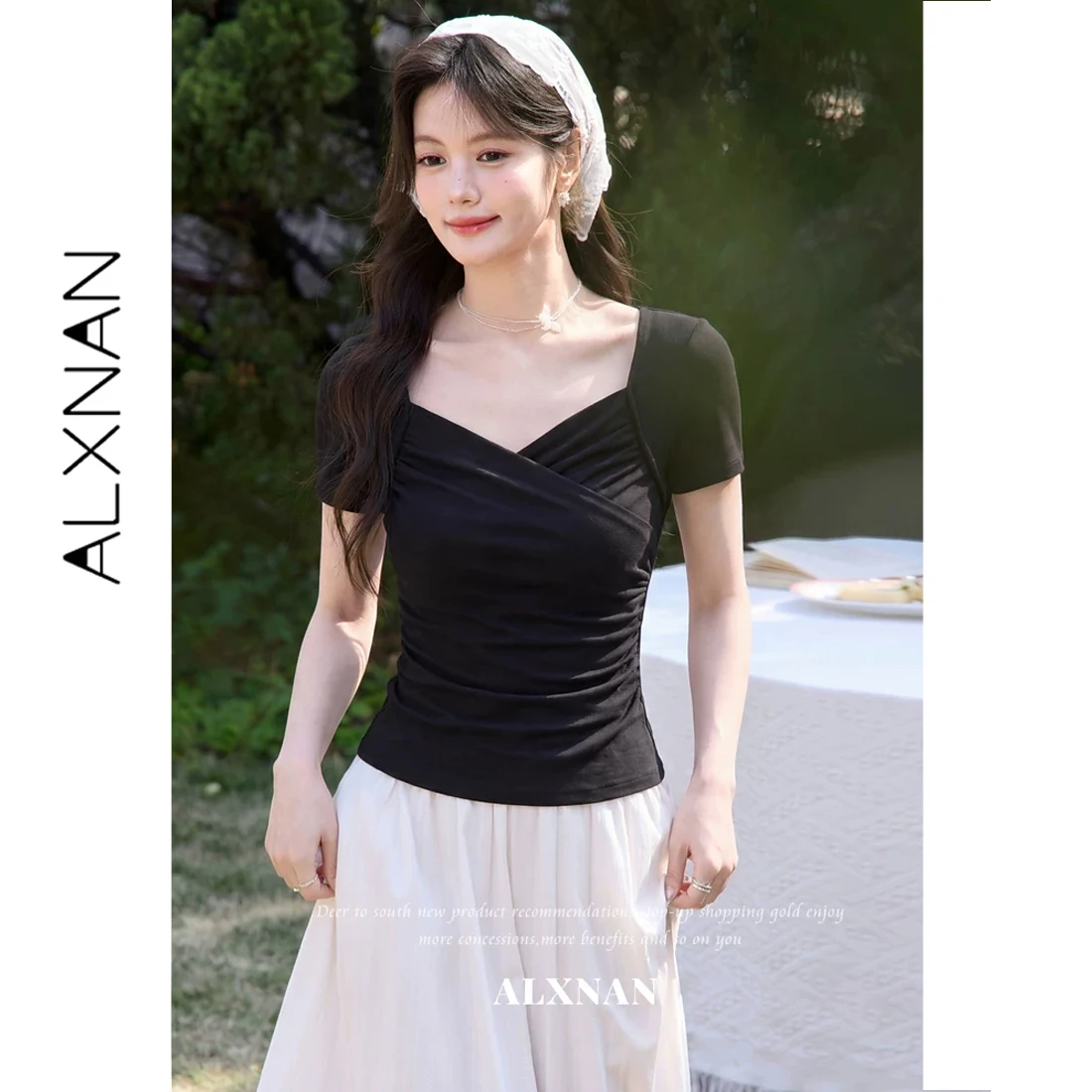 ALXNAN Black V-neck T-shirt Women Cross Ruched Casual Short Sleeve Tees 2026 Summer Slim-fit Elegant Casual Female Tops L63606A
ALXNAN Black V-neck T-shirt Women Cross Ruched Casual Short Sleeve Tees 2026 Summer Slim-fit Elegant Casual Female Tops L63606A