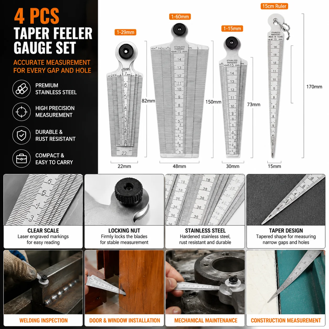 Stainless Steel Taper Feeler Gauge 1-15mm Welding Gap Gauge Hole Size Measuring Tool Precision Inspection Ruler for Woodworking
Stainless Steel Taper Feeler Gauge 1-15mm Welding Gap Gauge Hole Size Measuring Tool Precision Inspection Ruler for Woodworking