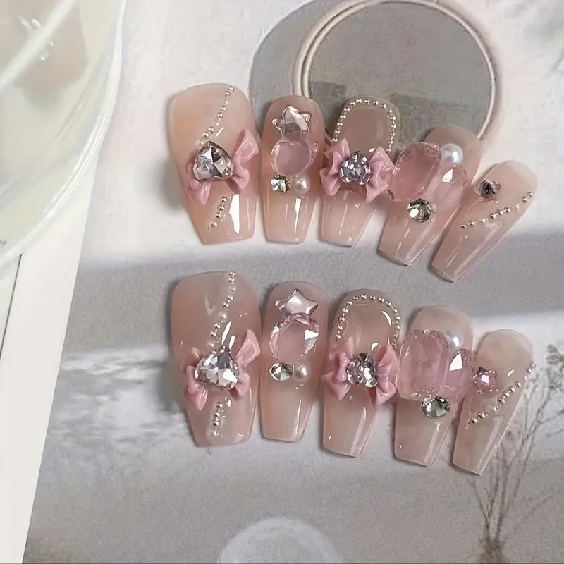 10pcs high-end Cute nude pink bow handmade fake nails, Honey Butterfly with Drill Burst Flash Pure Wind nail patch
10pcs high-end Cute nude pink bow handmade fake nails, Honey Butterfly with Drill Burst Flash Pure Wind nail patch