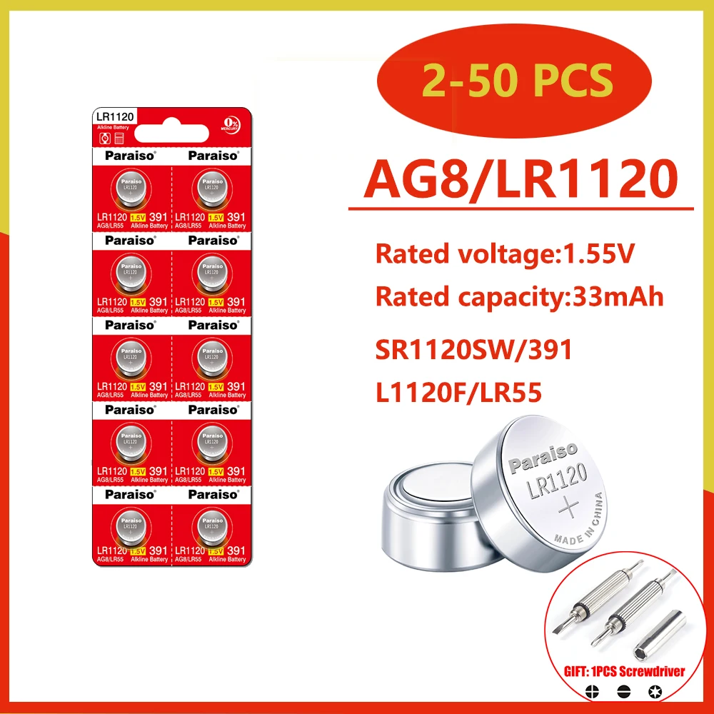 New High-Capacity 1.55V AG8 LR1120 391 SR1120 R1120W CX191 Button Batteries G8A 191 SR1120SW Cell Coin Watch Toys Remote Battery
New High-Capacity 1.55V AG8 LR1120 391 SR1120 R1120W CX191 Button Batteries G8A 191 SR1120SW Cell Coin Watch Toys Remote Battery