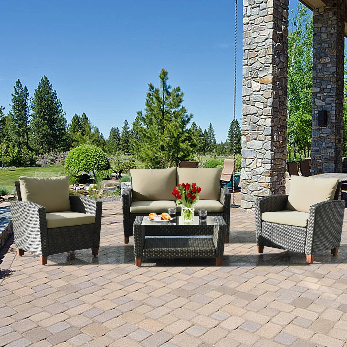 4PCS Cushioned Rattan Conversation Set w/ Coffee Table Patio Outdoor
4PCS Cushioned Rattan Conversation Set w/ Coffee Table Patio Outdoor