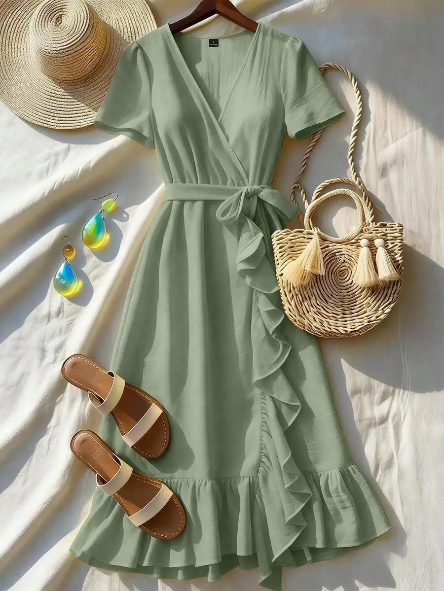 Women V-Neck Ruffle Wrap Mid-Length Dress With Belt Casual Vacation Style
Women V-Neck Ruffle Wrap Mid-Length Dress With Belt Casual Vacation Style