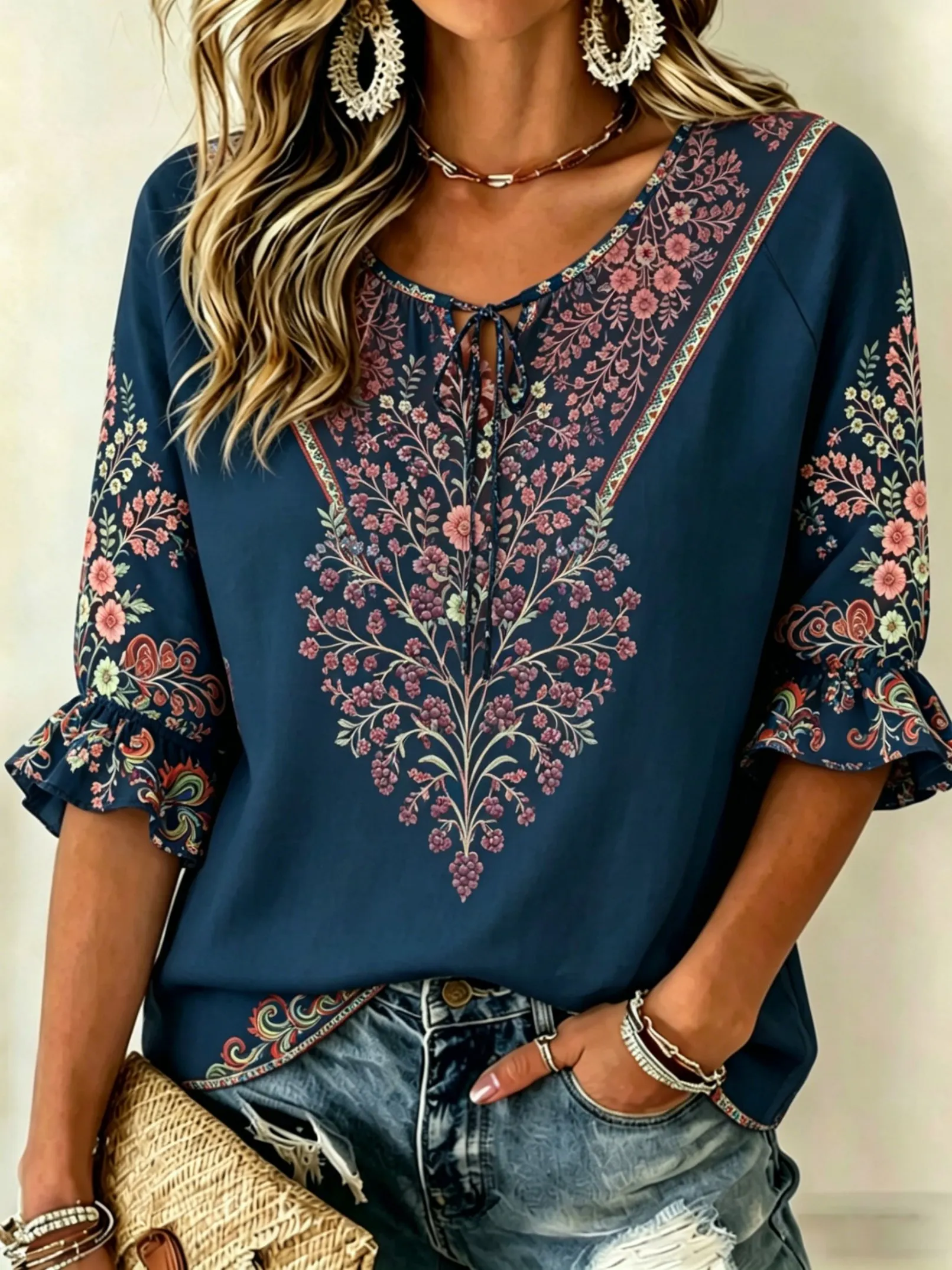 Women's Tie Keyhole Neck Blouse, Navy Blue Front Floral Vine Border Print Ruffle Sleeve Top, for Spring Summer Daily Outfits
Women's Tie Keyhole Neck Blouse, Navy Blue Front Floral Vine Border Print Ruffle Sleeve Top, for Spring Summer Daily Outfits