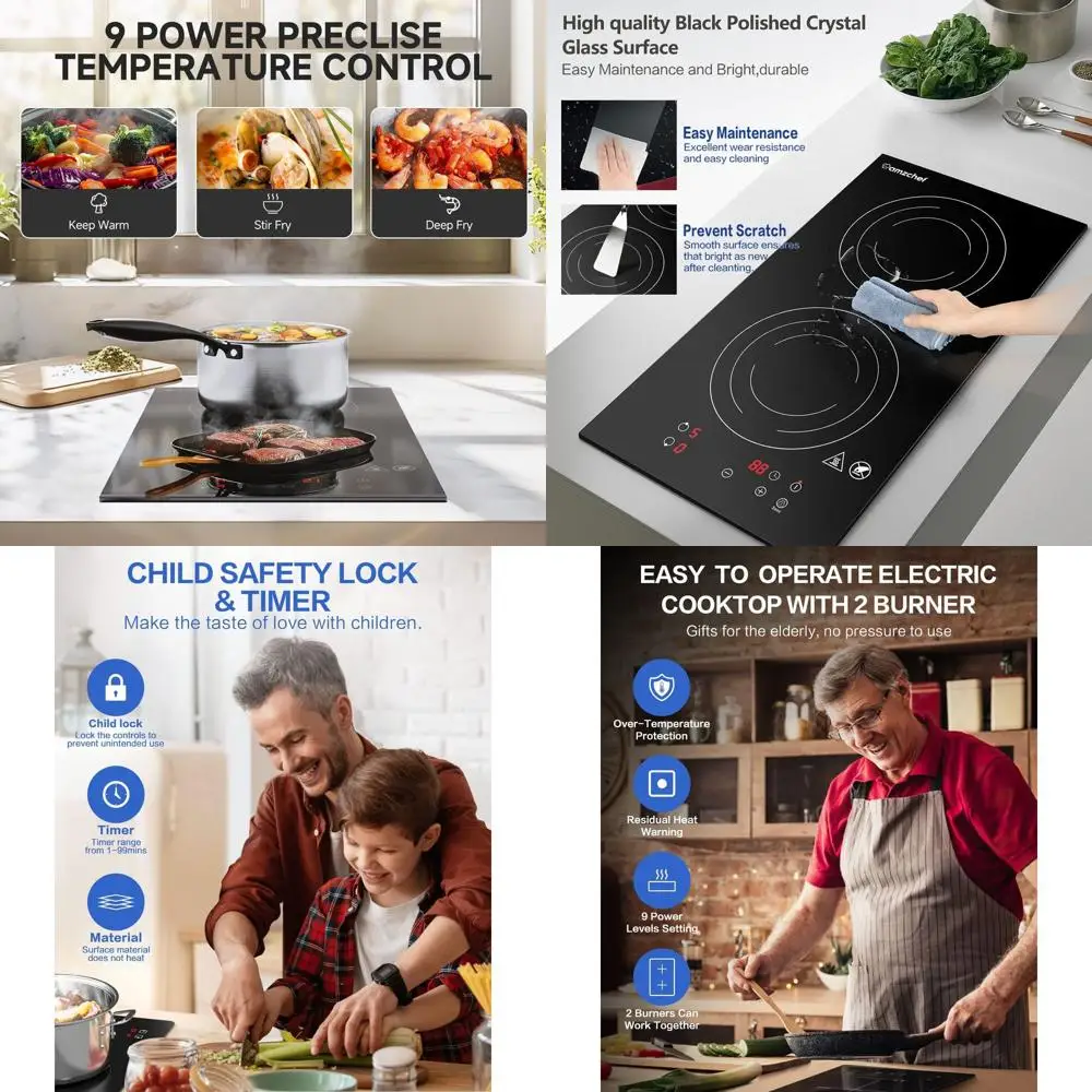 Портативная индукционная плита с 2 конфорками, 1800 Вт, 110-120 В, 9 уровней мощности, защита от детей, таймер, сенсорное управление
Портативная индукционная плита с 2 конфорками, 1800 Вт, 110-120 В, 9 уровней мощности, защита от детей, таймер, сенсорное управление