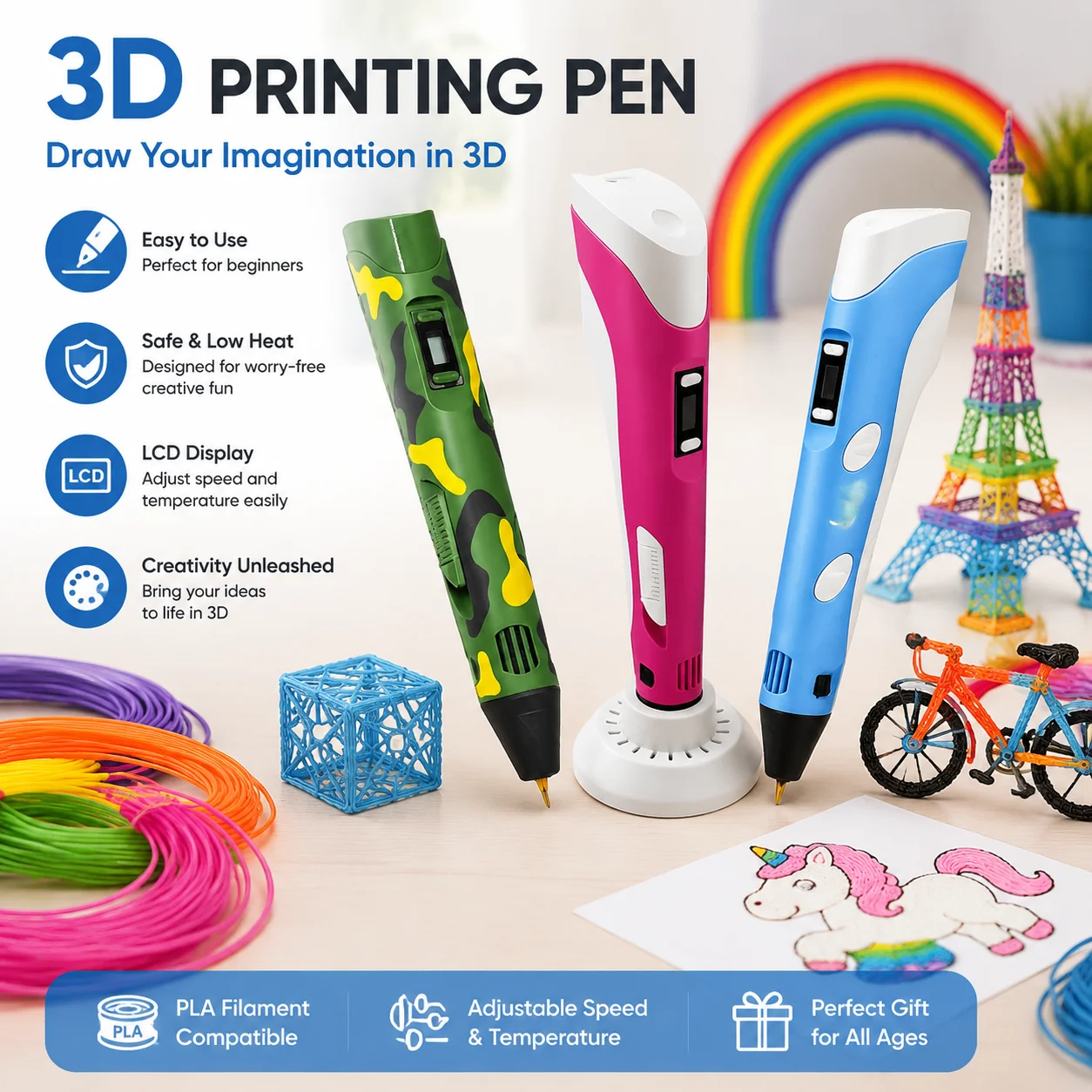 3D Printing Pen with 9M PLA Filament High-Temp Safe DIY Graffiti Drawing Pen for Kids and Adults Christmas Birthday Art Craft
3D Printing Pen with 9M PLA Filament High-Temp Safe DIY Graffiti Drawing Pen for Kids and Adults Christmas Birthday Art Craft