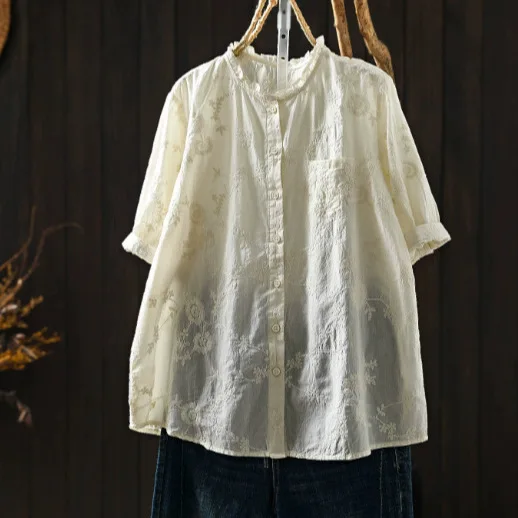 Women Summer New Mori Girl Solid Color Embroidery Cotton Shirts French Elegant Stand Collar Half Sleeve Casual Loose Blouse Tops
Women Summer New Mori Girl Solid Color Embroidery Cotton Shirts French Elegant Stand Collar Half Sleeve Casual Loose Blouse Tops