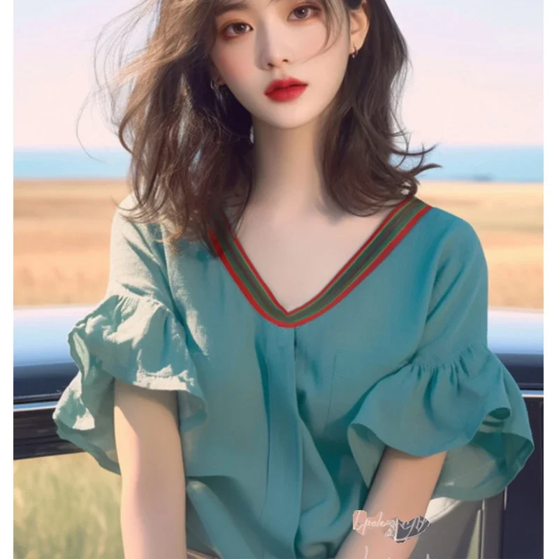 Women V Neck Loose Blouse with Ruffled Puff Sleeves Solid Color Lightweight Summer Casual Top
Women V Neck Loose Blouse with Ruffled Puff Sleeves Solid Color Lightweight Summer Casual Top