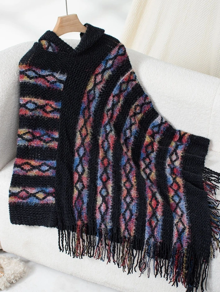Autumn and Winter New Colorful Striped Hooded Knitted Tassel Cape Shawl Women's Loose Hooded Sweater Women
Autumn and Winter New Colorful Striped Hooded Knitted Tassel Cape Shawl Women's Loose Hooded Sweater Women