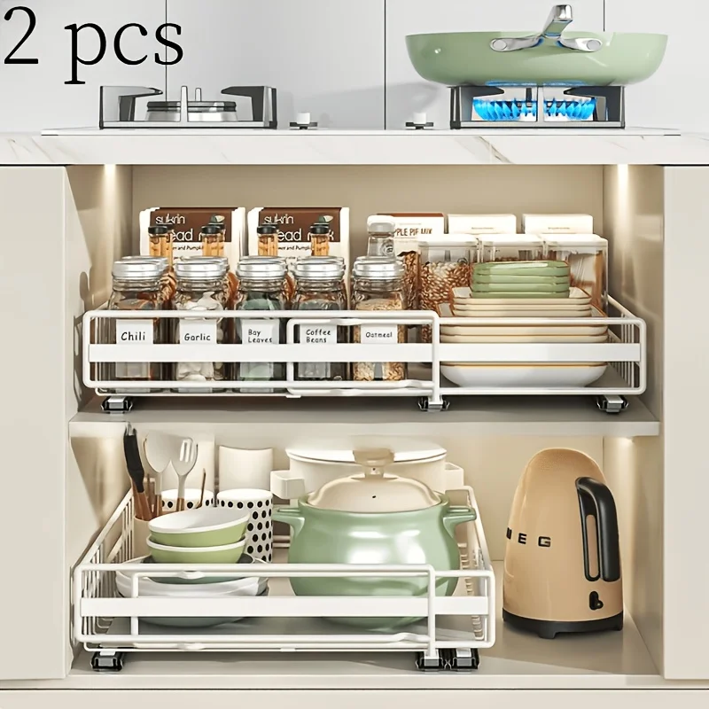 2pcs Expandable Pull-Out Kitchen Storage Racks Adjustable Width Metal Storage Drawers In Black Or White Kitchen Organization