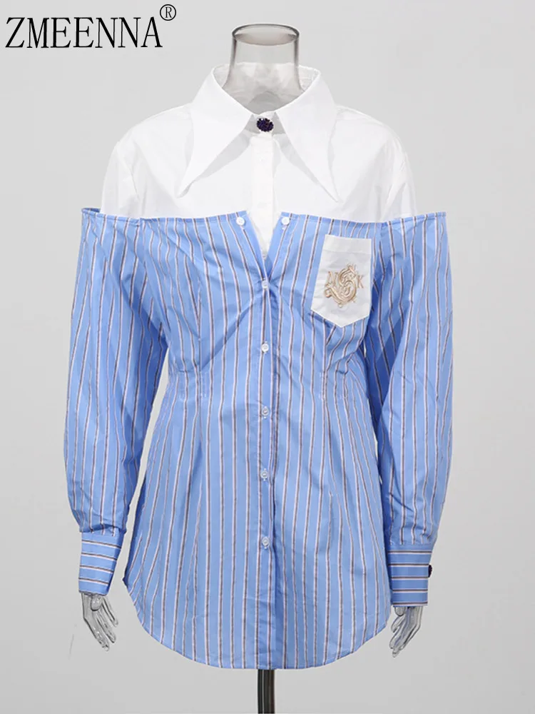 ZMEENNA Women's Fashion Striped Blouse Long Sleeve Button Down Shirt With Contrast Collar And Embroidered Pocket Elegant ZM3327
ZMEENNA Women's Fashion Striped Blouse Long Sleeve Button Down Shirt With Contrast Collar And Embroidered Pocket Elegant ZM3327