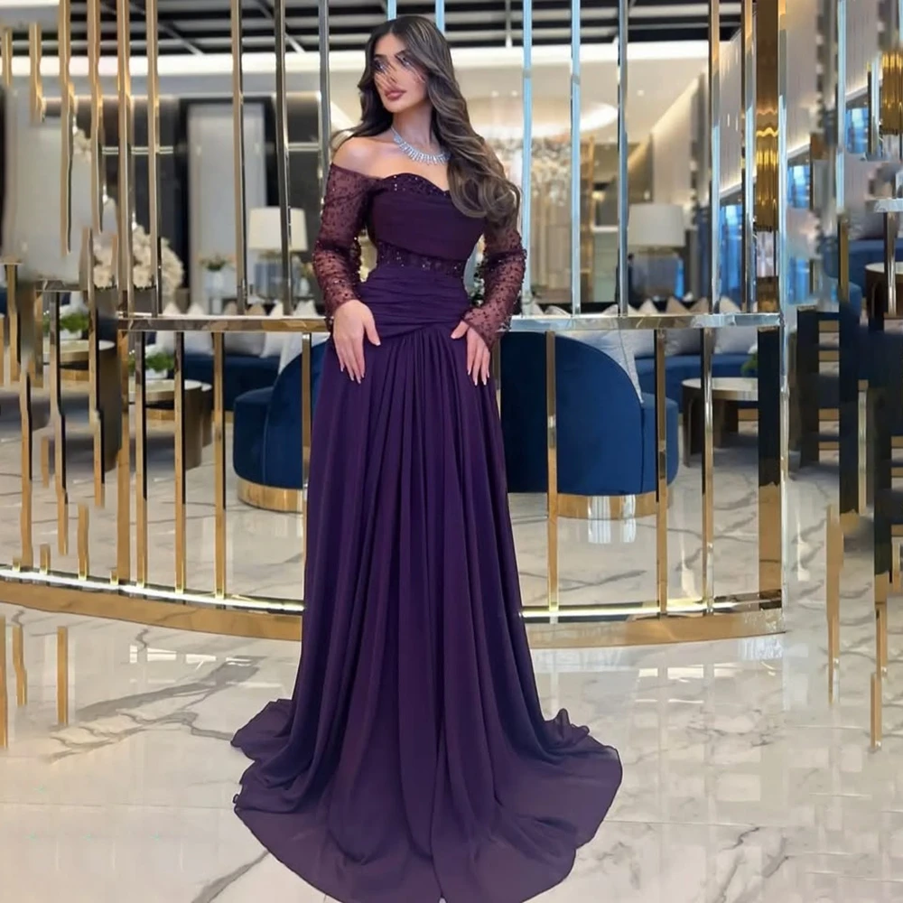 Purple Evening Dresses for Women Off The Shoulder Sequined Long Sleeves A Line Chiffon Long Formal Party Dresses Customized
Purple Evening Dresses for Women Off The Shoulder Sequined Long Sleeves A Line Chiffon Long Formal Party Dresses Customized