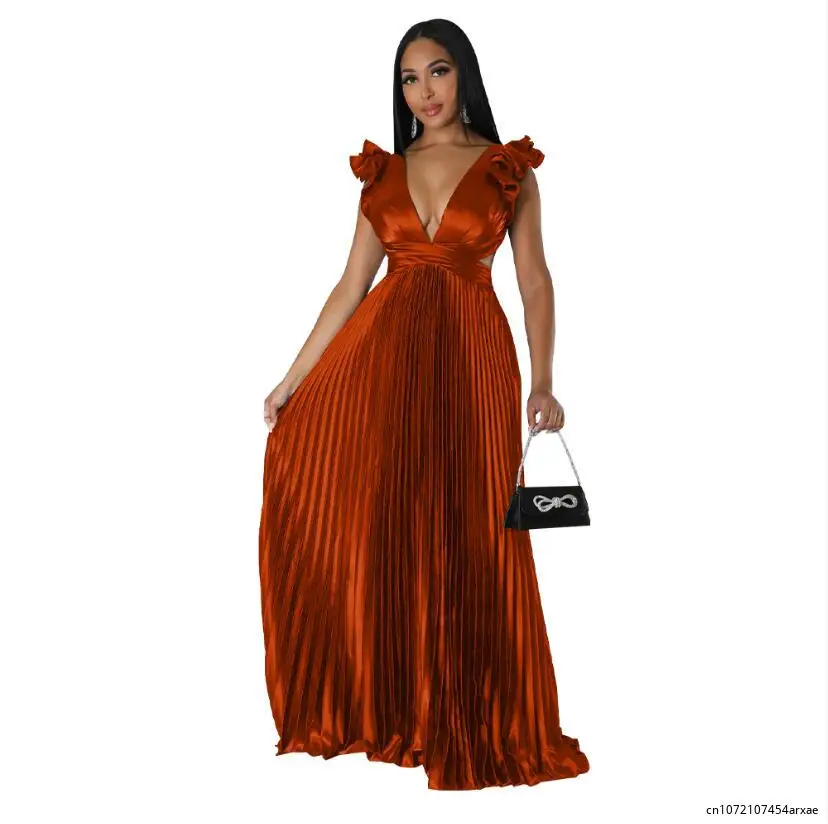 Elegant Ruffle Pleated Women Pleated Satin Dress Female Fashion Hollow Out Backless Solid Dress Sexy V Neck Lace Up A Line Robe
Elegant Ruffle Pleated Women Pleated Satin Dress Female Fashion Hollow Out Backless Solid Dress Sexy V Neck Lace Up A Line Robe
