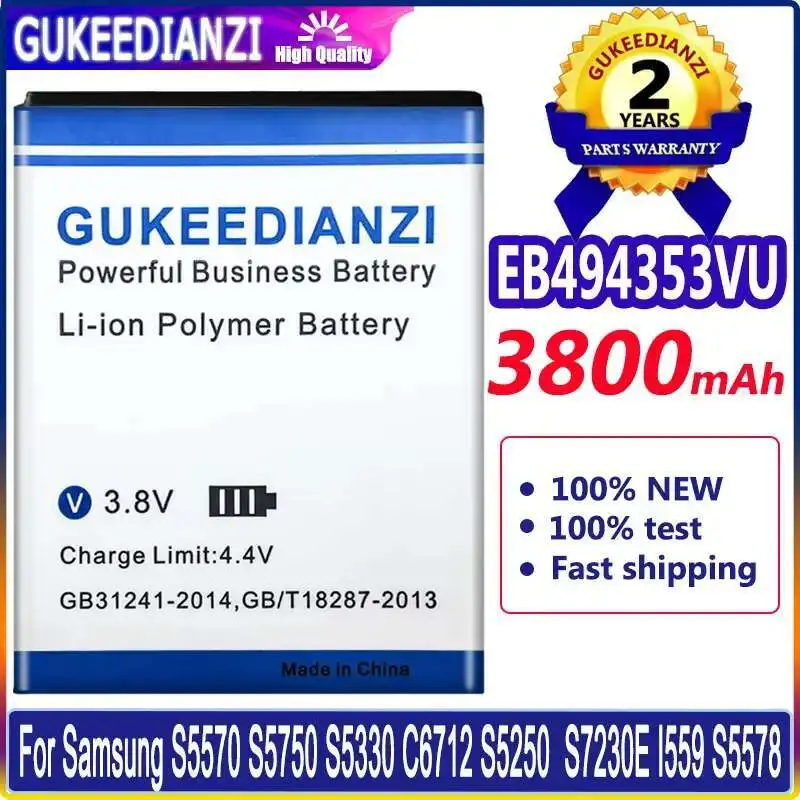Replacement Battery For SAMSUNG S5330 GT-S5570 i559 S5570 S5232 C6712 S5750 Rechargeable EB494353VU 3800mAh Batteria + Tracking
Replacement Battery For SAMSUNG S5330 GT-S5570 i559 S5570 S5232 C6712 S5750 Rechargeable EB494353VU 3800mAh Batteria + Tracking